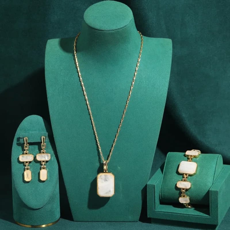 Vintage White Agate Square Pendant Jewelry Sets Necklace Bracelet Earrings Luxury Brand Design Wedding Birthday Party Gift New