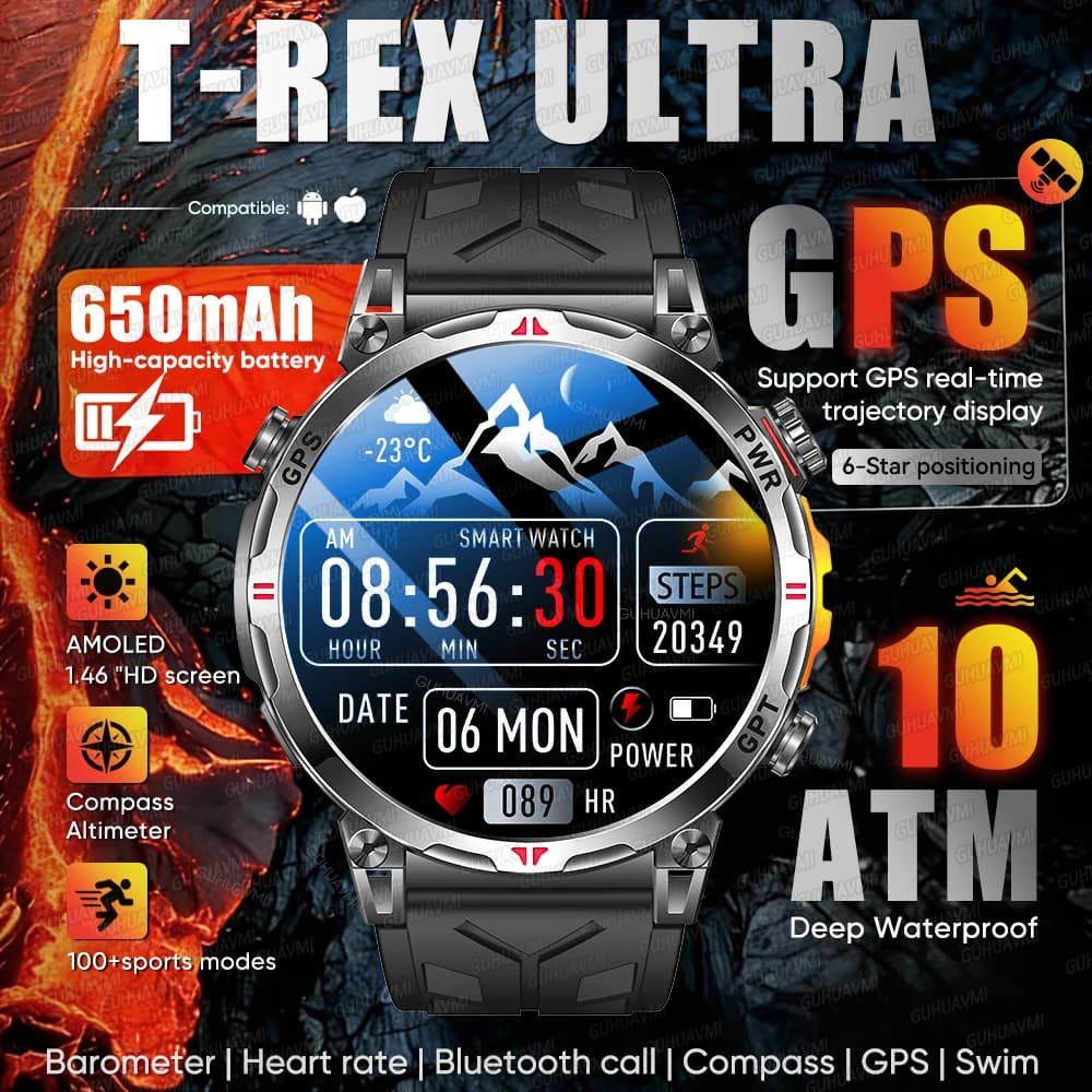New Smartwatch Military GPS Man 2026, 1.56''' AMOLED Screen, 10ATM Waterproof, Compass, 100+ Sport, Bluetooth Calls