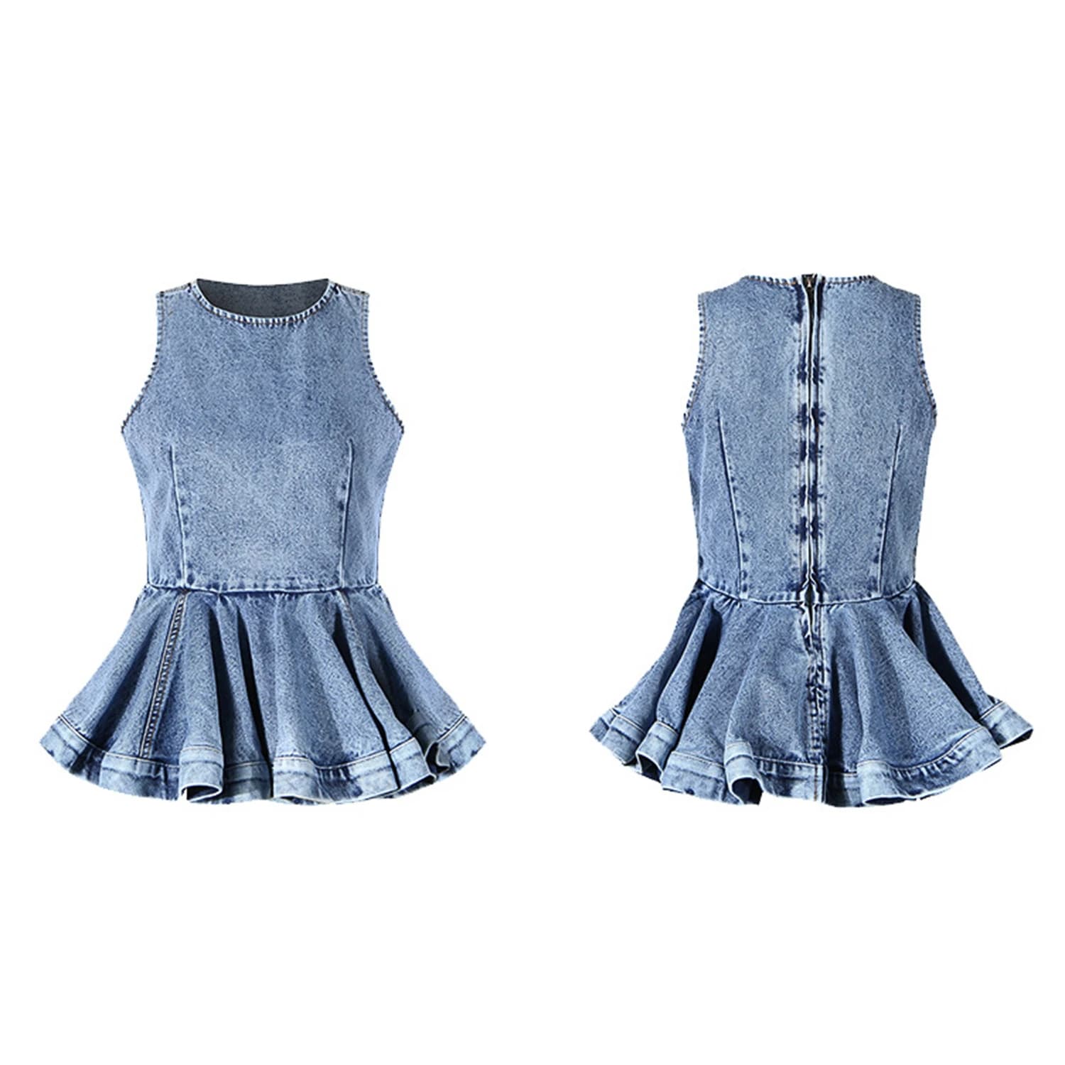 Y2K Women Denim Two Piece Outfit Sleeveless Ruffle Peplum Top High Waist Split Balloon Wide Leg Jean Matching Sets