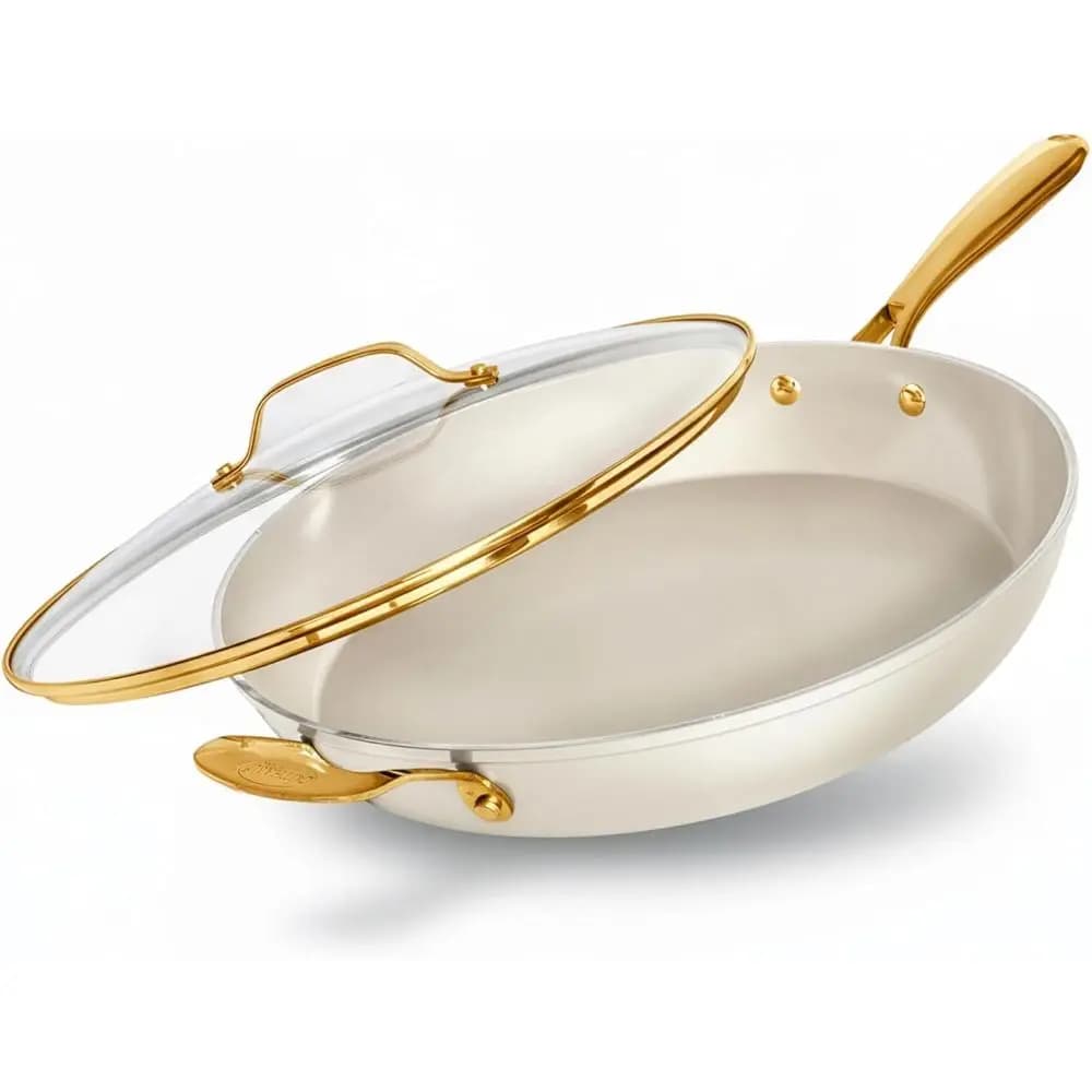 Padella 14 Pollici con Coperchio, Skillet Extra Large for Family Cuisine, Non Toxic Ceramic Anti-Fabric, Without PFOA and PFOS, Ergonomic Handle