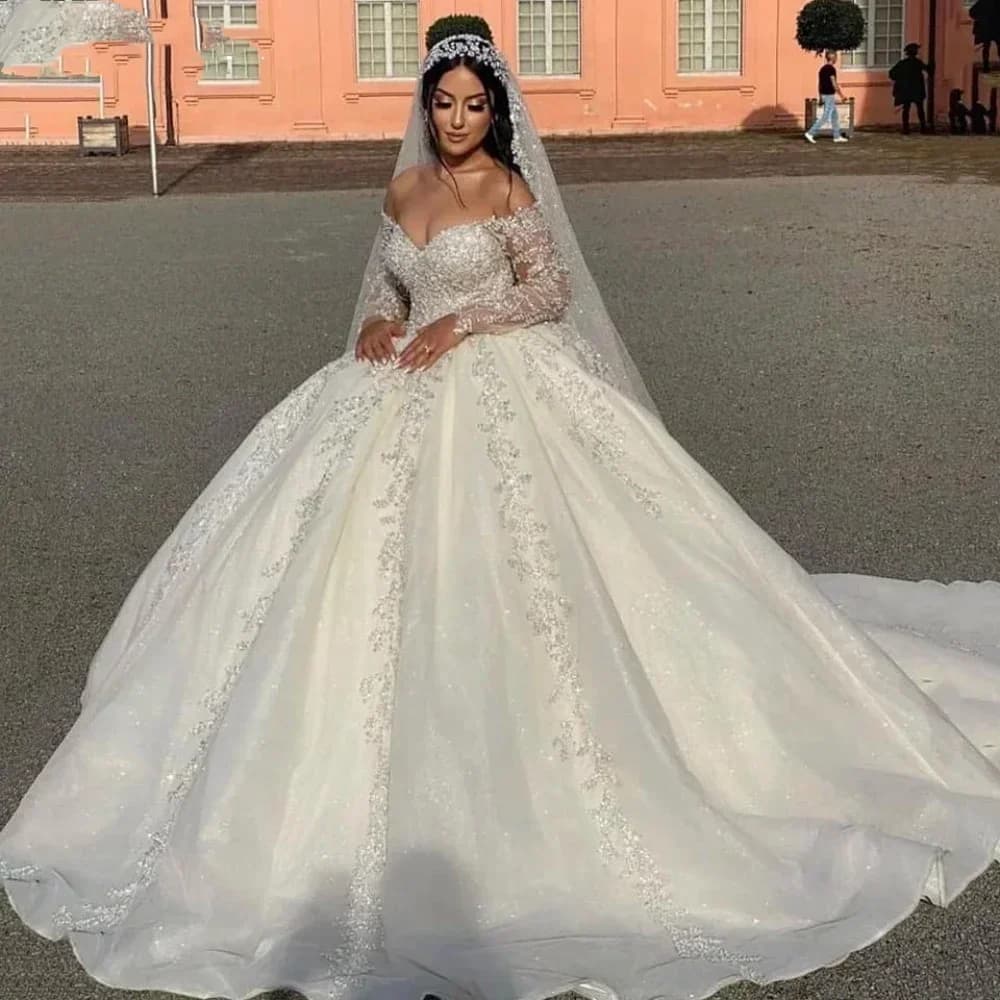 Abiti da sposa personalizzati scintillanti con scollo a V, abito da sposa con applicazioni in pizzo e spalle scoperte, abito da ballo lungo, Vestido De Novia