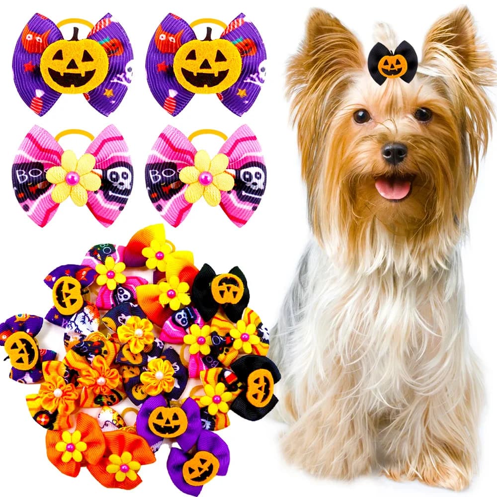 20PCS fiocchi per cani da festa di Halloween con elastici Bowknots per animali domestici per cani e gatti fiocchi per cuccioli fatti a mano accessori per la toelettatura degli animali domestici