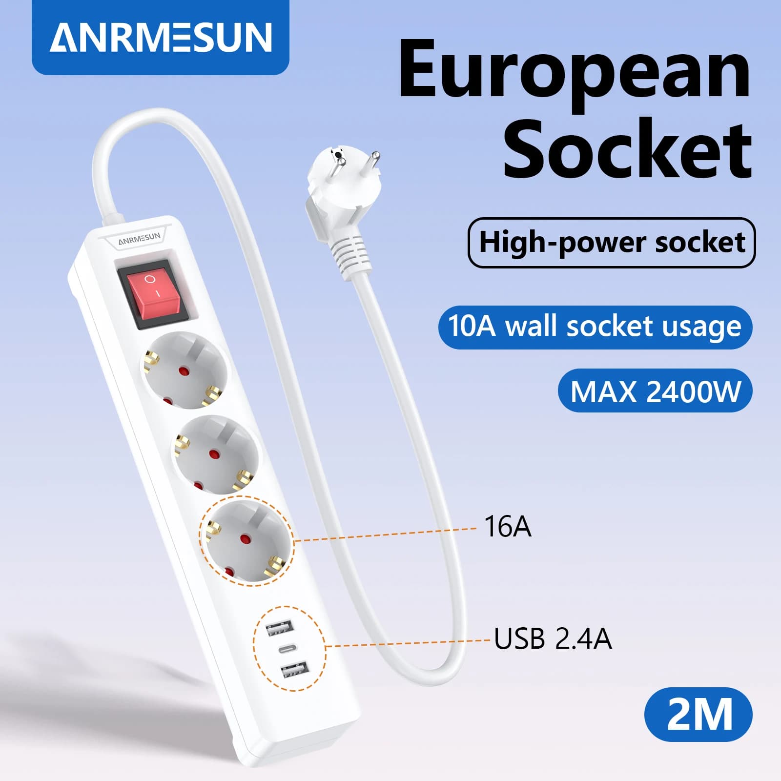 Presa multipla con spina europea Prese multiple Presa elettrica con prolunga da 2 m con 2 porte USB 1 tipo C Adattatore a 3 prese con