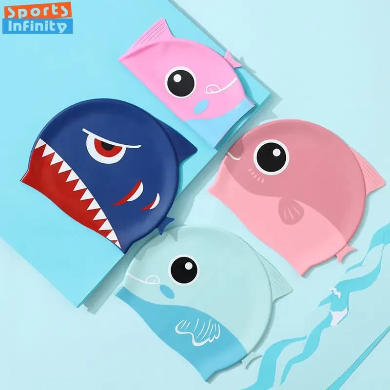 Silicone swim cap with shark fish cute cartoon for kids Protect your ears Swim hat for boys Girls Kids pool accessories