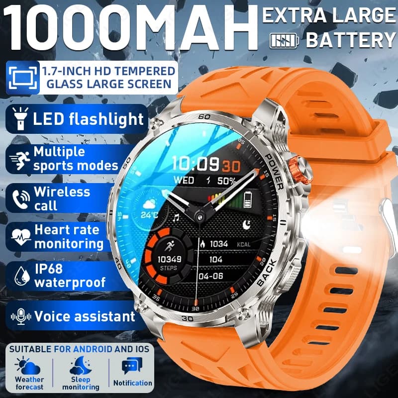 LIGE Nuovo Smartwatch Militare da 1000mAh per Uomo con Torcia LED, Impermeabile IP68, Sportivo, Display da 1,75 Pollici, Chiamate Bluetooth
