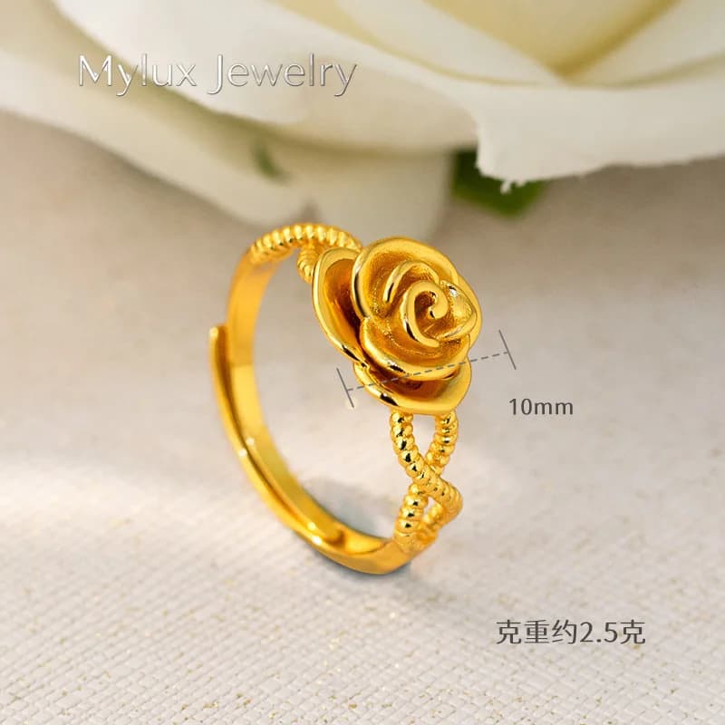 Anello a spirale con fiore rosa in oro vero 9999 24 carati Mylux Jewelry, design cavo di alta gamma, elegante e di lusso leggero.