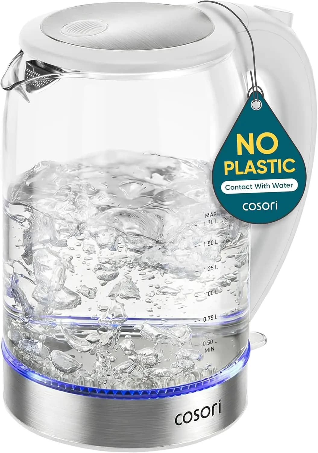 Electric kettle with automatic shutdown, borosilicate glass, easy to clean wide mouth, capacity 1.7 liters, 1500W for tea and hot water