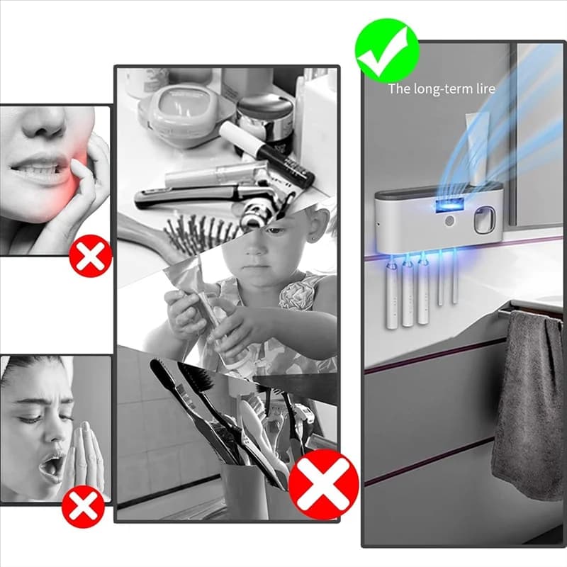 No Drilling Required Toothbrush Brush Holder With 5 Groove, Toothpaste Dispenser For Bathrooms-A68E