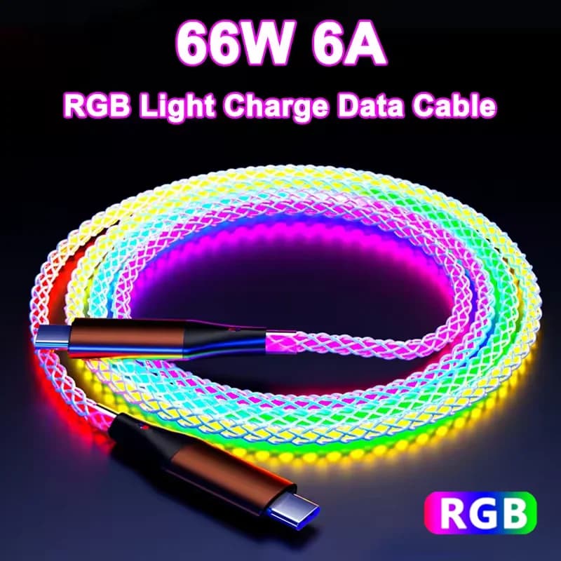 Cavo di ricarica rapida RGB USB-A a Type-C da 66W, cavo USB C luminoso per iPhone 16 15 Xiaomi Samsung POCO, cavo dati PD.