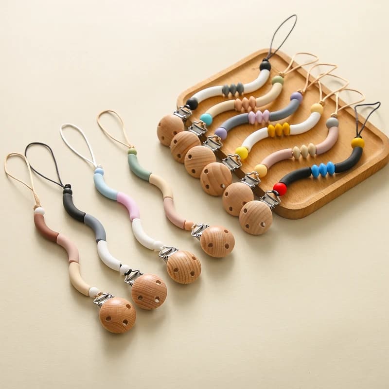 Silicone Baby ciuccio Clip Chian Holder perline di legno massaggiagengive giocattolo per bambino masticare sonagli regali per allattamento neonato accessori per bambini