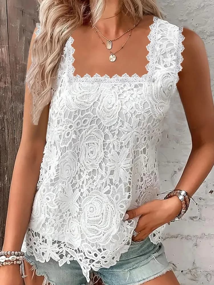 Camicie da donna in pizzo con scollo quadrato gilet estivo allentato stile dolce canotte eleganti magliette femminili casual pendolari senza maniche T-shirt 2024