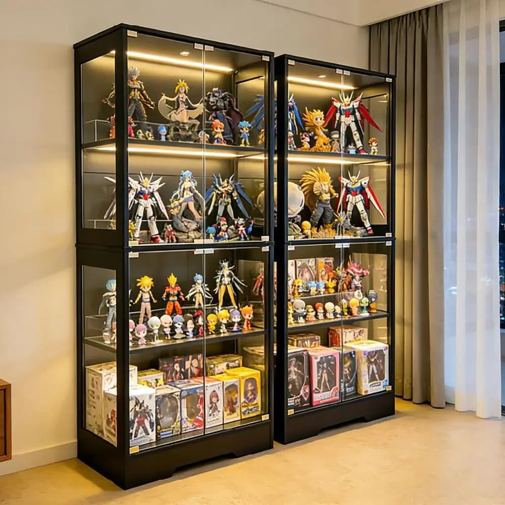 Vetrina Espositiva a Due Livelli in Vetro con Luci LED a 3 Colori, Attivazione a Sensore, Libreria Nera a 4 Ripiani per Oggetti da Collezione e Stoccaggio
