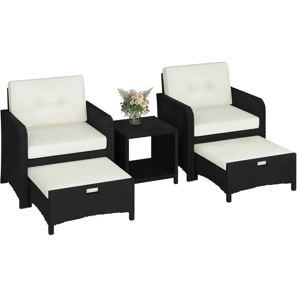 Set of 5-piece garden furniture with ottomans, wicker balcony chairs, rattan sofa lounge, pillows, ideal for garden