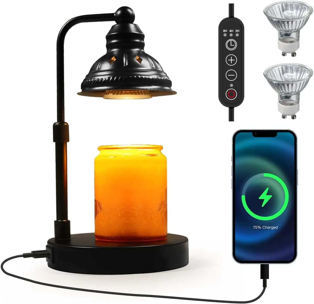 Candle Warmer Lamp with Timer and Dimmer, Adjustable Height Electric Candle Melter with 2 Bulbs, Black USB Candle Warmer for Scented Candles