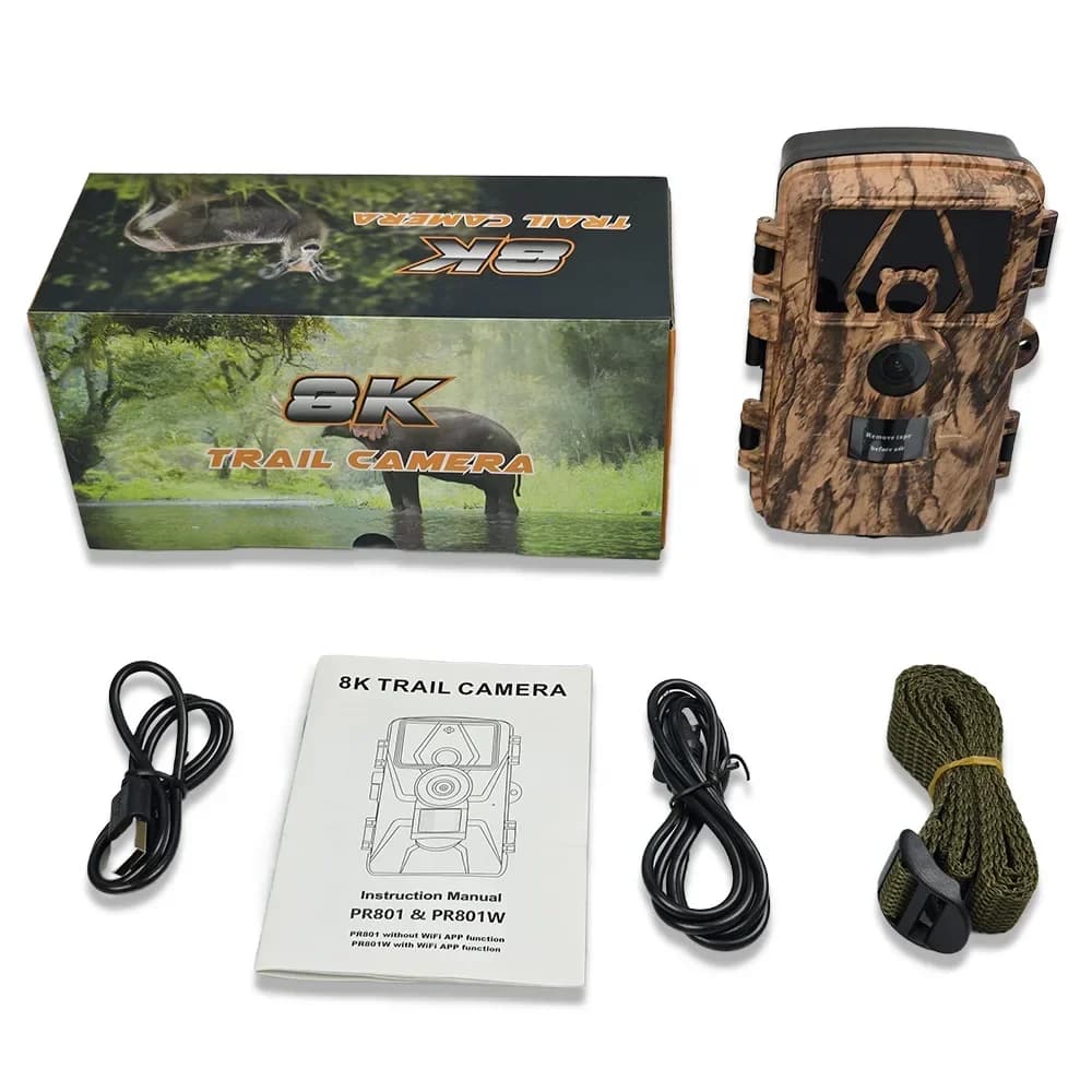 Fotocamera Digitale PR801W WIFI 8K 60MP per Monitoraggio Fauna Selvatica e Fattoria con Visione Notturna e Attivazione a Movimento per Caccia all'Aperto
