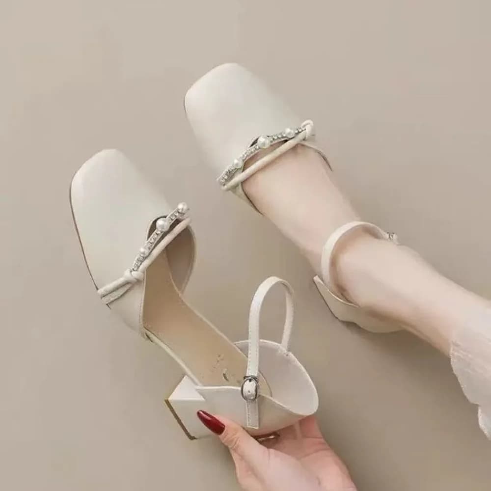 Eleganti Sandali Mary Jane con Perle e Strass, Tacchi con Cinturino alla Caviglia e Punta Quadrata per Donne, Chic Scarpe Bianche Estive, Comode