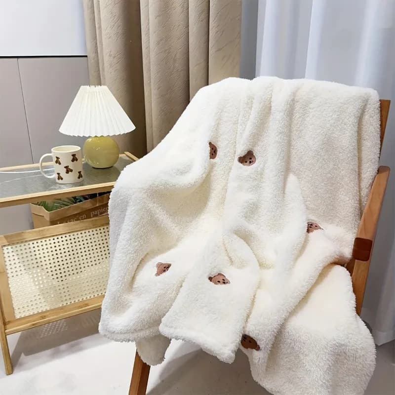Morbida peluche con motivo orso e coniglio Coperta multiuso accogliente accessorio per biancheria da letto per la casa soffice e calda coperta per letto/divano
