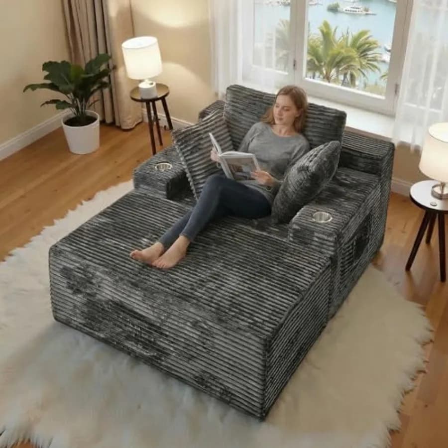 Divano letto singolo oversize da interno da 67 pollici senza struttura in velluto a coste grigio con 3 morbidi cuscini per soggiorno e camera da letto