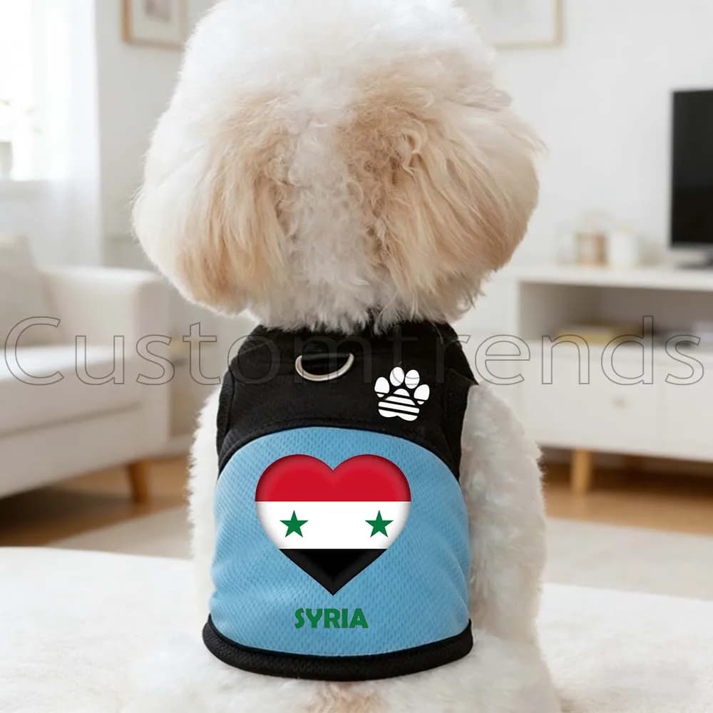 Pettorina a rete con bandiera a cuore della Siria per cani e gatti, vestito per cuccioli e gattini, gilet estivo carino per cani con anello a D per guinzaglio