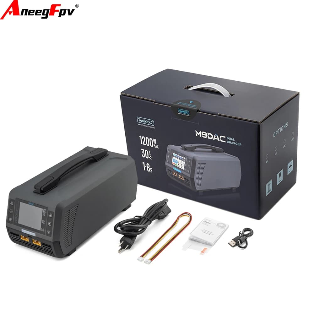 ToolkitRC M8DAC caricabatterie intelligente 2 canali 1-8S AC 1200W 50A 30A batteria al litio telecomando drone FPV modello di auto 1/5 1/6