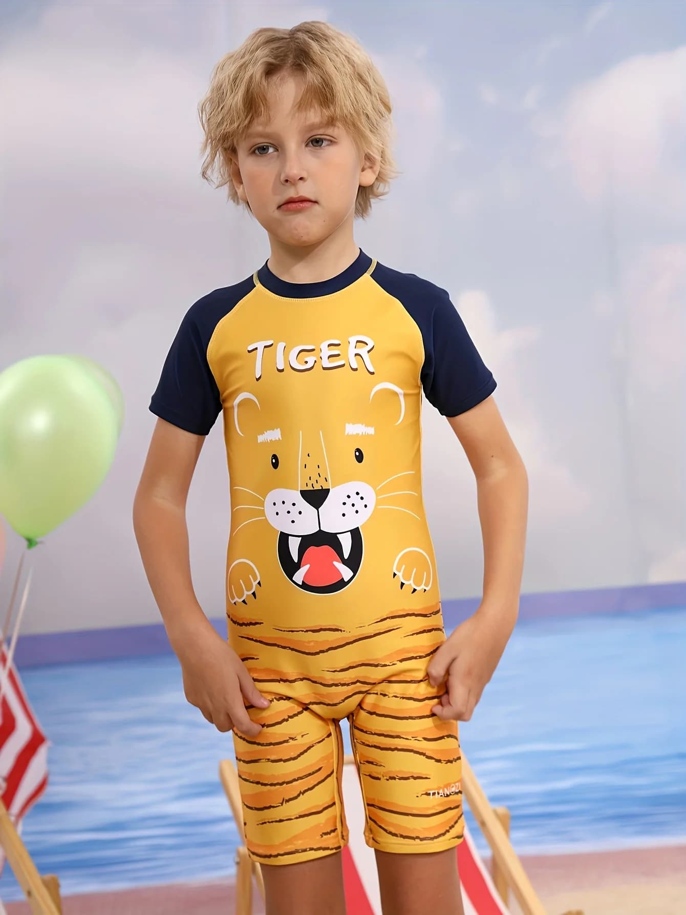 Kids Cute Tiger Full Swimwear, Short Sleeved Swimwear, Fast Drying Surf Costume with Cartoon Pattern