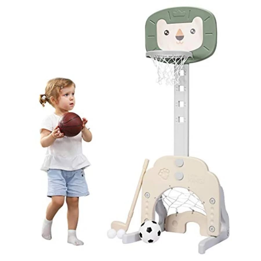 Children's Sports Centre with Basketball Basket, 5 Levels of Height Adjustable, Basketball, Football and Golf Games Set, for Interior and Exterior B