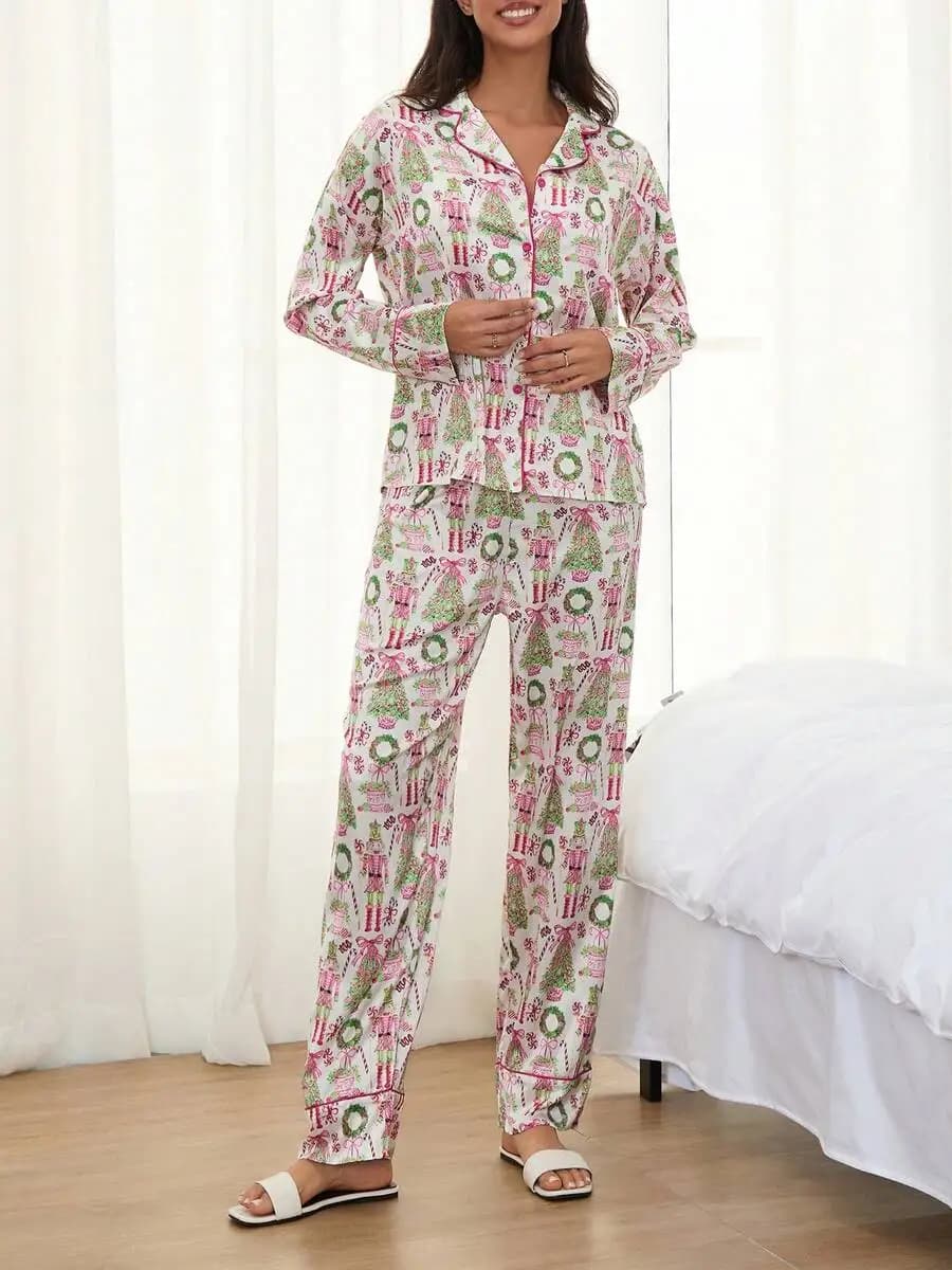 Womens Christmas Pajama Set Cartoon Soldier Print Long Sleeve Lapel Button Shirt And Pants