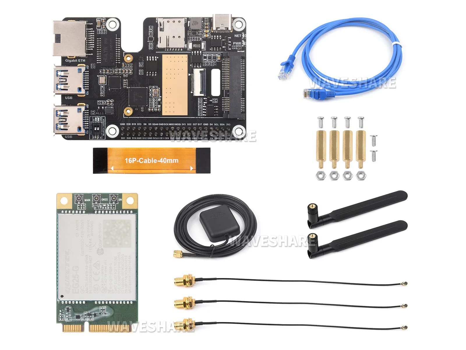 SIM7600G-H 4G GbE USB3.2 HAT+, PCIe at MiniPCIe/Gigabit Ethernet/USB 3.2 Gen1 HAT for Raspberry Pi 5, High Speed Network