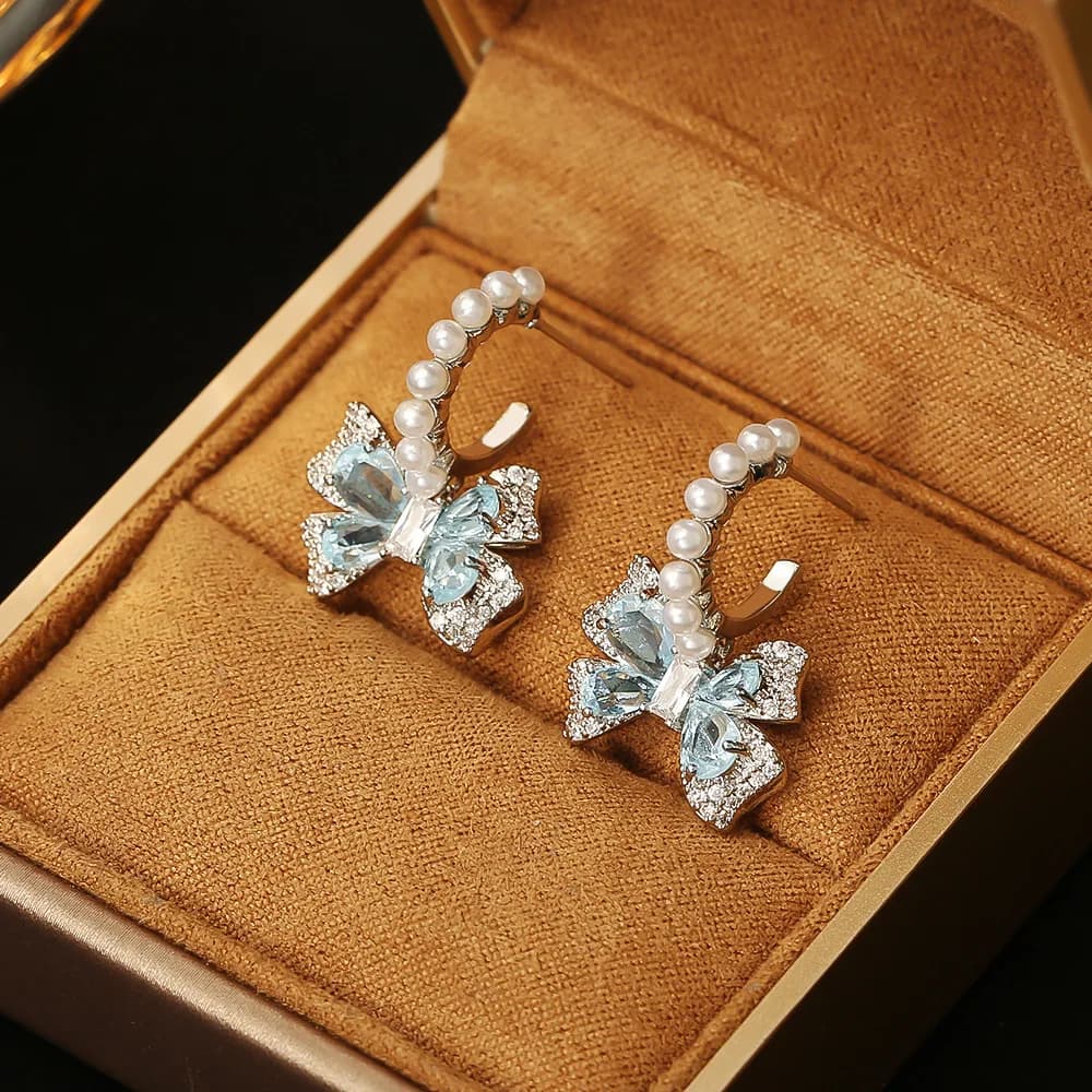Fashionable and exquisite bow blue zircon earrings light luxury high-end small fresh earrings temperament pearl earrings