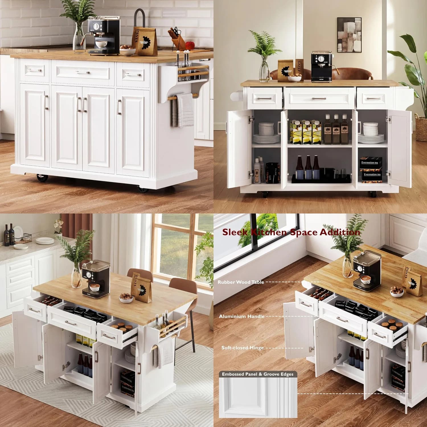 Carrello da Cucina con Isola Girevole da 54 Pollici, in Legno di Gomma, con Ante e Cassetti, per Sala da Pranzo, Bianco con Maniglie Argento, Personalizzabile