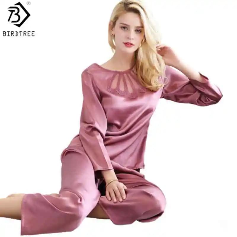 BirdTree,16MM 100% Silk Pajamas Set,Women's Solid Full Sleeve O-neck Shirt Pants,Lace Casual Homewear Clothes,2026 New P61710JF