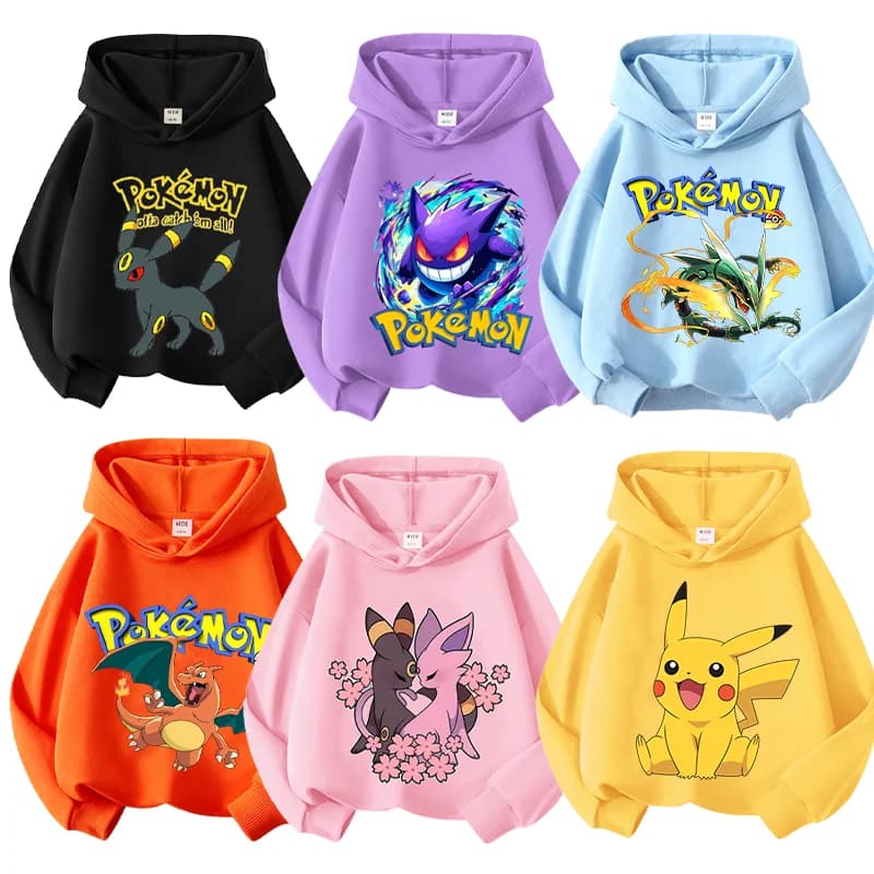 Pikachu Pokemons Hoodies Kids Clothing Cartoon Rayquaza Mewtwo Tops Autumn Child Long Sleeve Pullover Boy Hooded Sweatshirt Gift