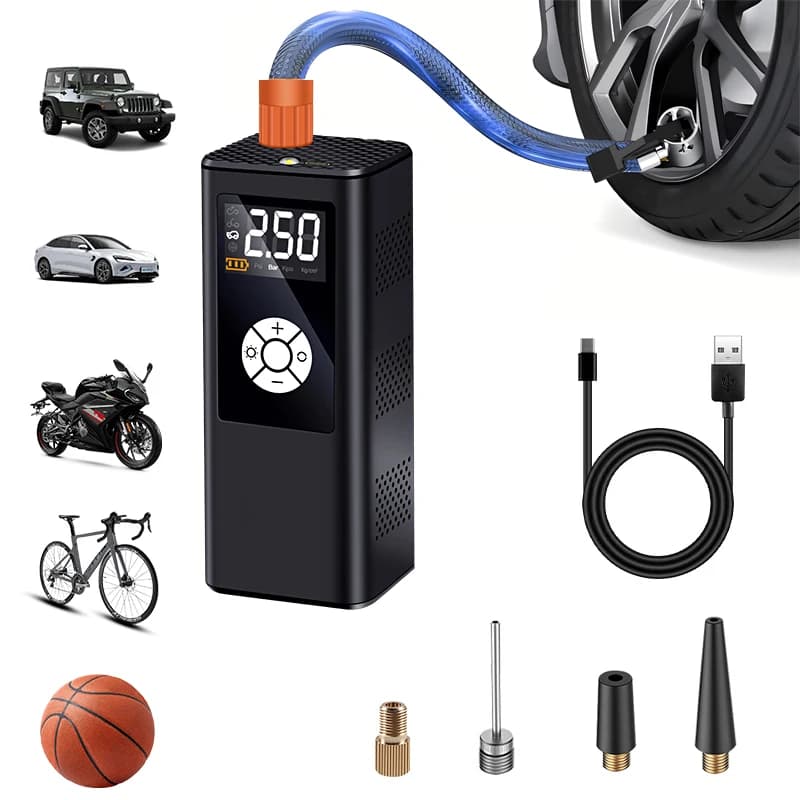 Compressore d'Aria Portatile Wireless/Cablato 150PSI con Manometro Digitale per Auto, Moto, Bici e Palloni