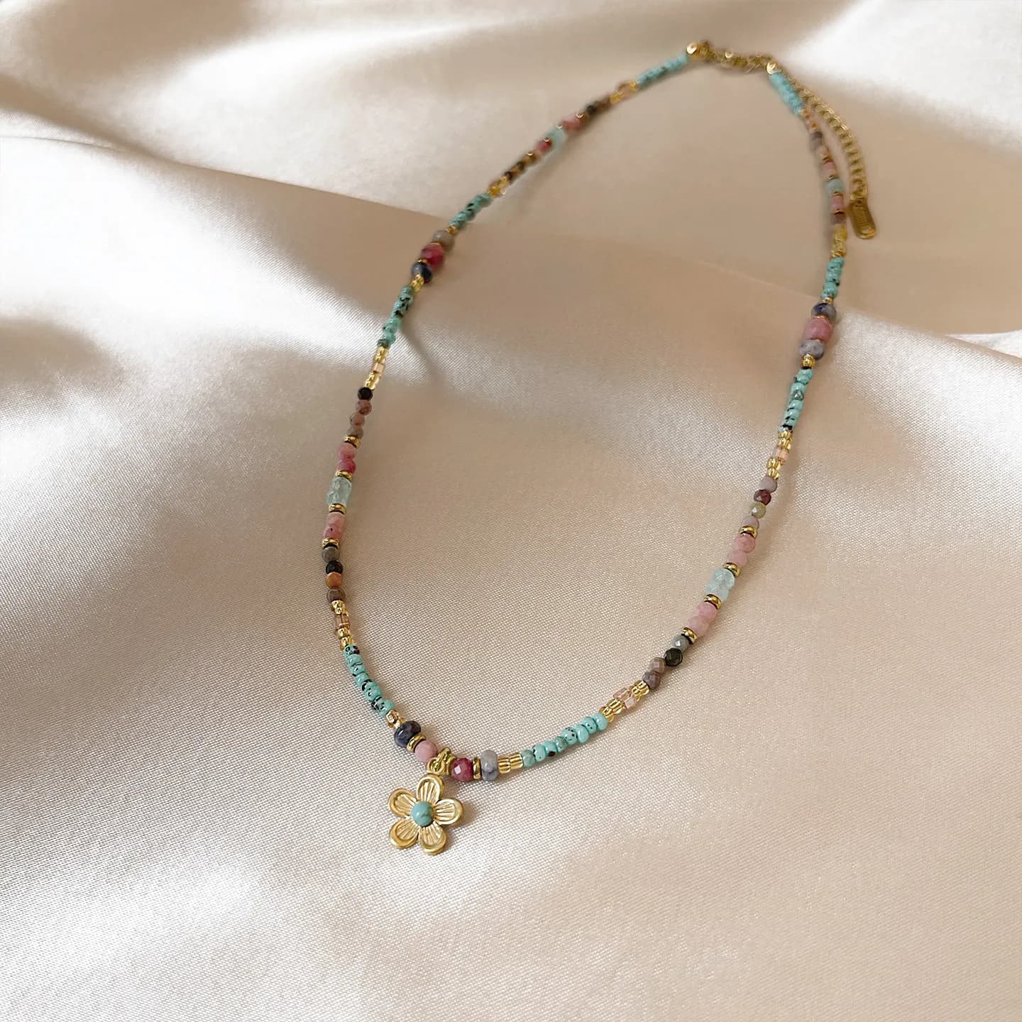Small Mixed Color Handmade Beaded Choker With Gold Tone Flower Pendant Tiny Seed Bead Strand Short Necklaces For Women