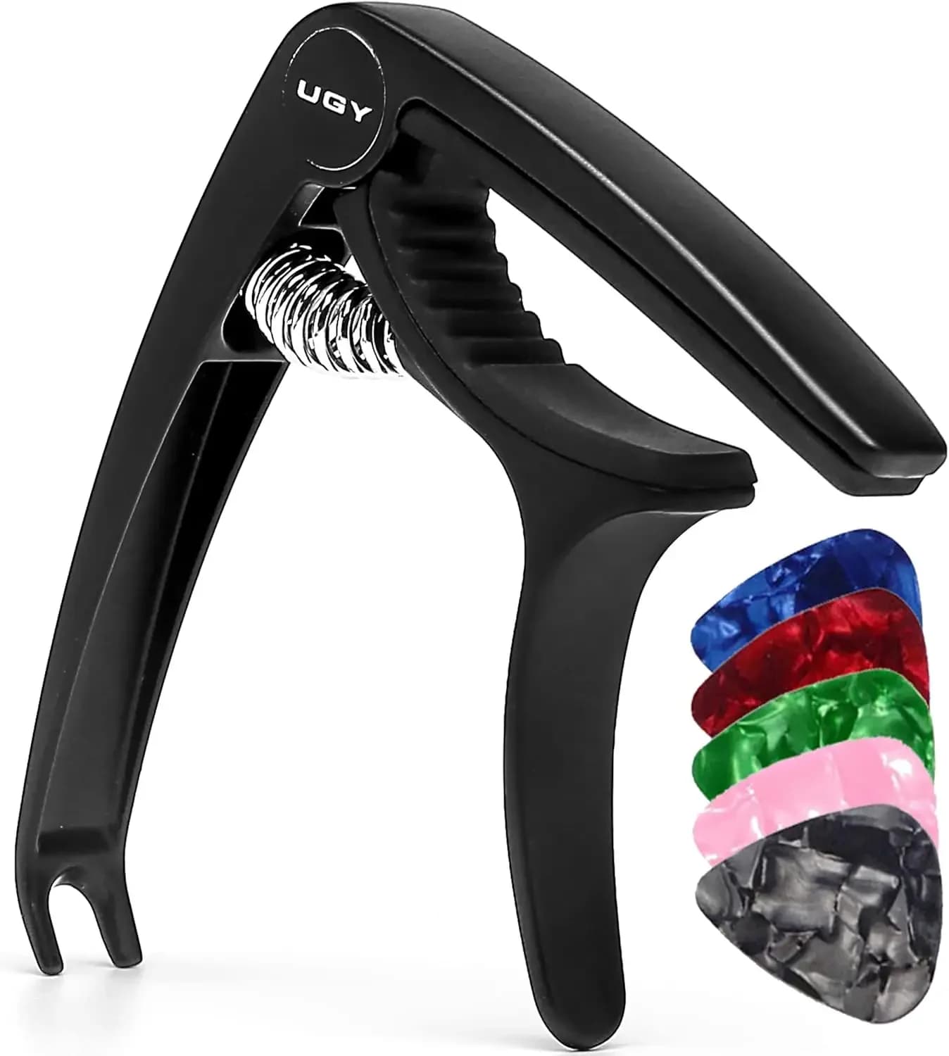 Capotasto universale per chitarra acustica, elettrica, basso e ukulele, nero con 5 plettri