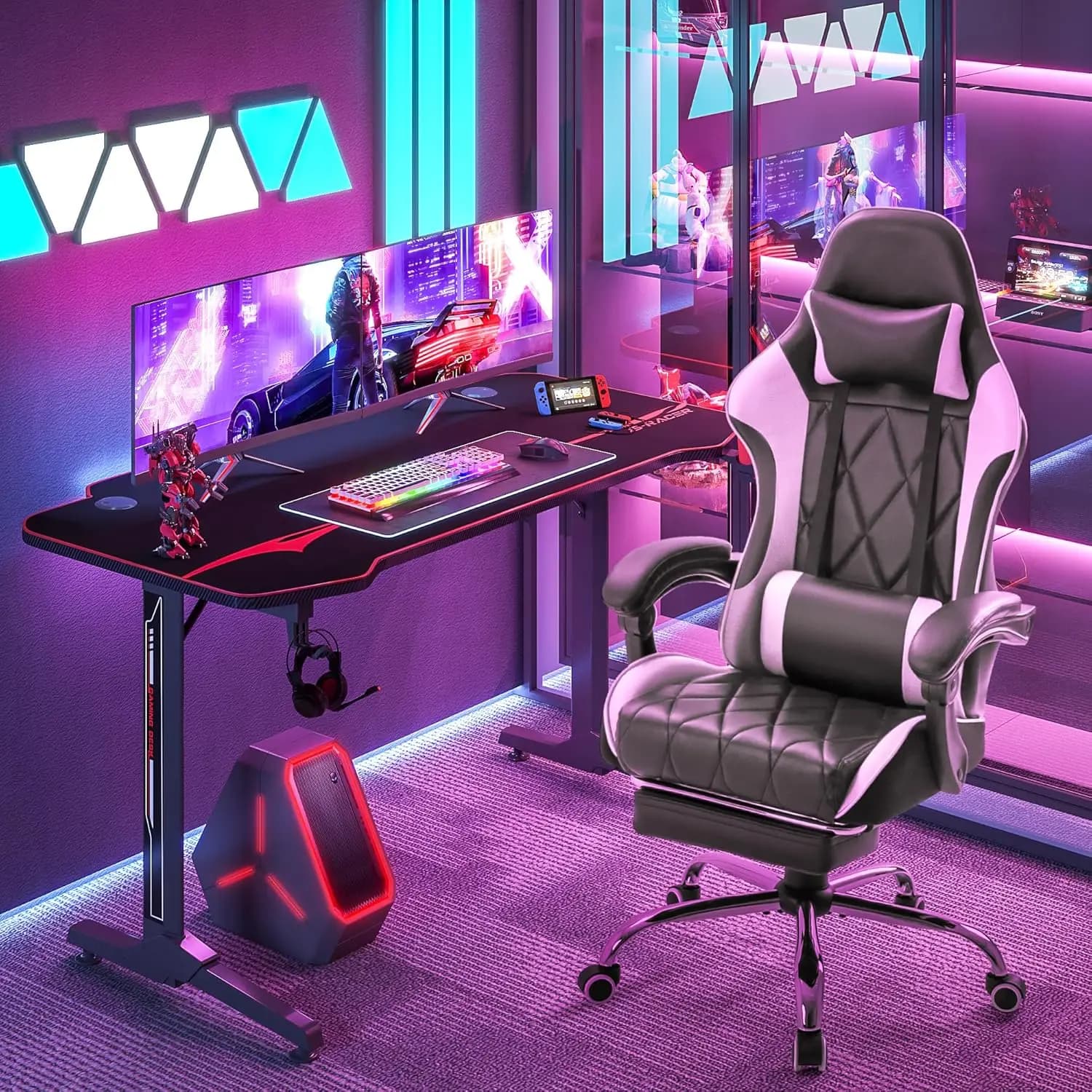 Sedia da Gaming Ergonomica con Massaggio, Supporto Lombare, Poggiapiedi e Schienale Alto per Ufficio