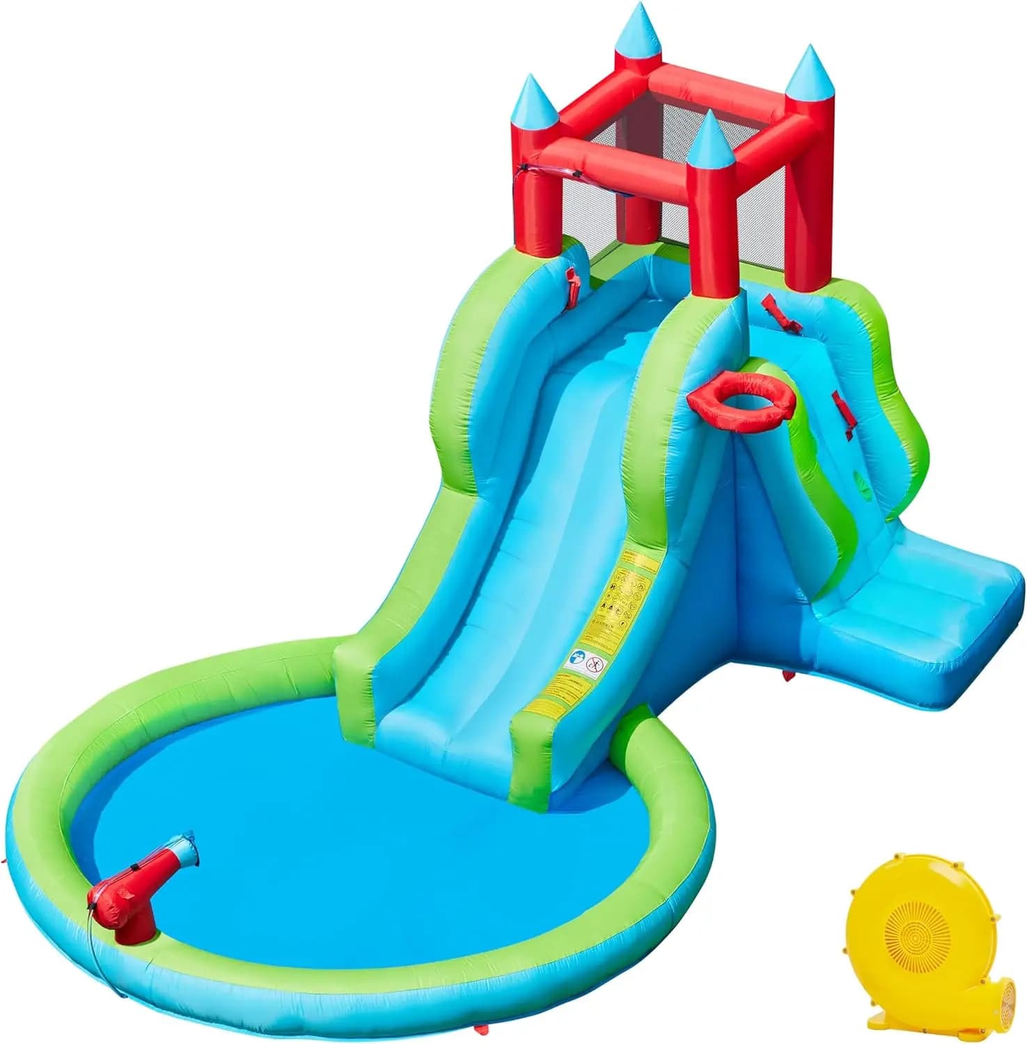 Acquascivolo gonfiabile, acquascivolo gonfiabile da esterno 5 in 1 per bambini di età compresa tra 3-8 w/cannone ad acqua e canestro da basket e parete da arrampicata e