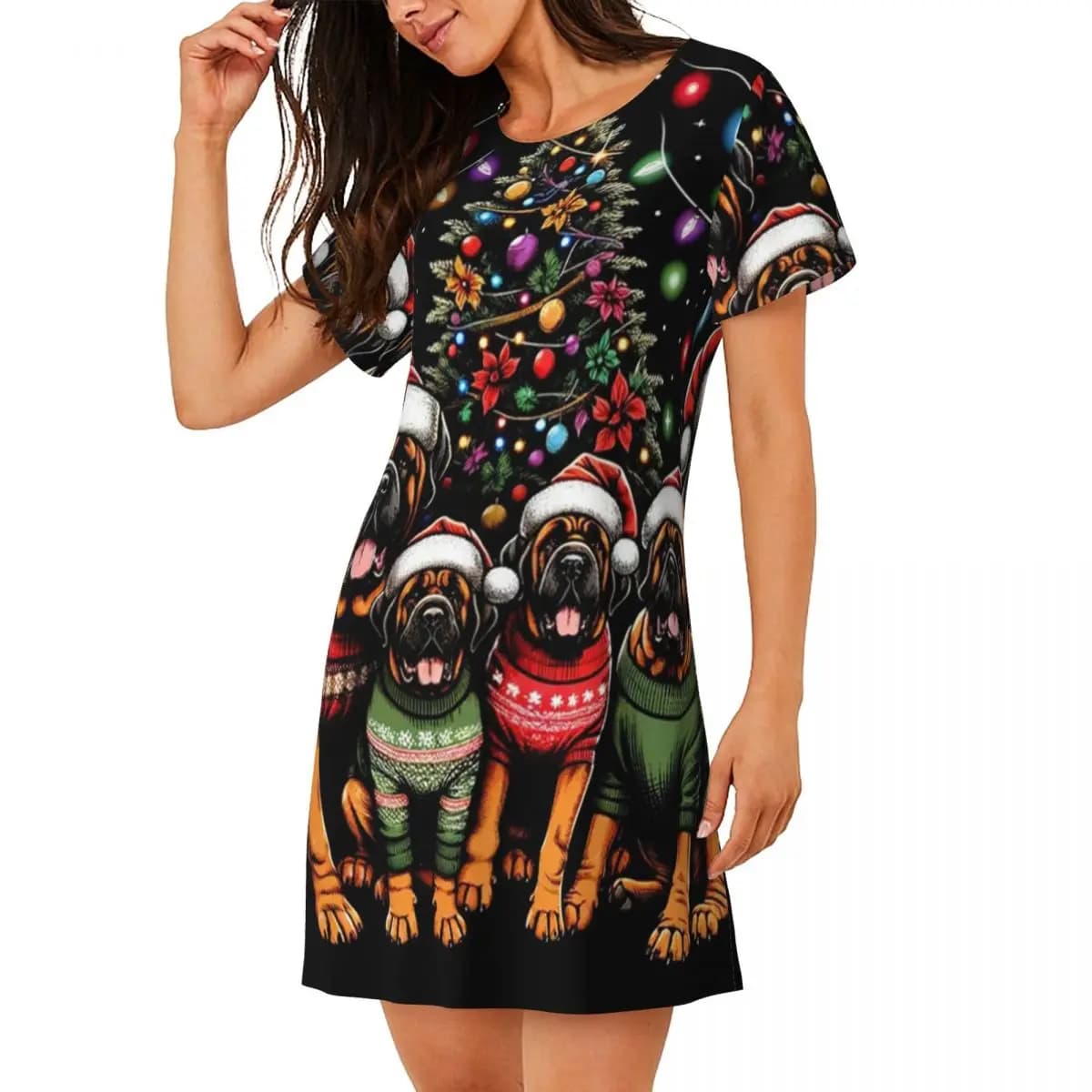 Custom Mastiff Dog Family Light Christmas Tree Short Sleeves Nightdress For Sleeping Women Short Sleeve Nightgowns Pajama Dress