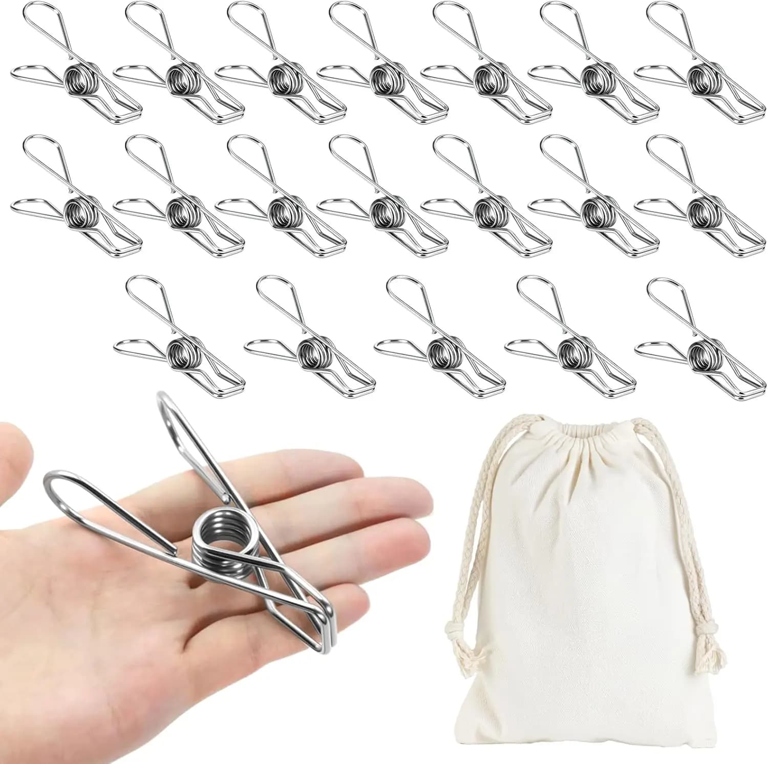 Mollette per Bucato in Acciaio Inossidabile Resistenti, Confezione da 20, Clip in Metallo Antiruggine da 8,6 cm con Sacchetto Portaoggetti, Presa Forte per Bucato e Altro