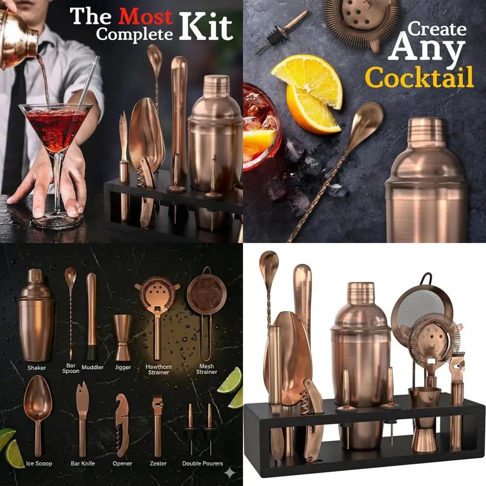 Set da Cocktail in Acciaio Inox Opaco Rame 13 Pezzi con Utensili Incisi e E-Book con 30 Ricette per Bar Domestico