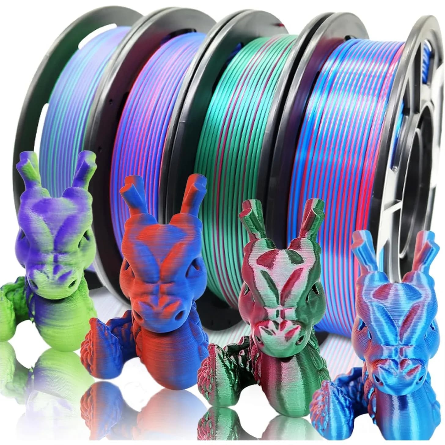 Filamento PLA Bicolore 1.75mm 4x250g Bobine per Stampante 3D, Opaco e Seta Rosso/Blu Viola/Verde