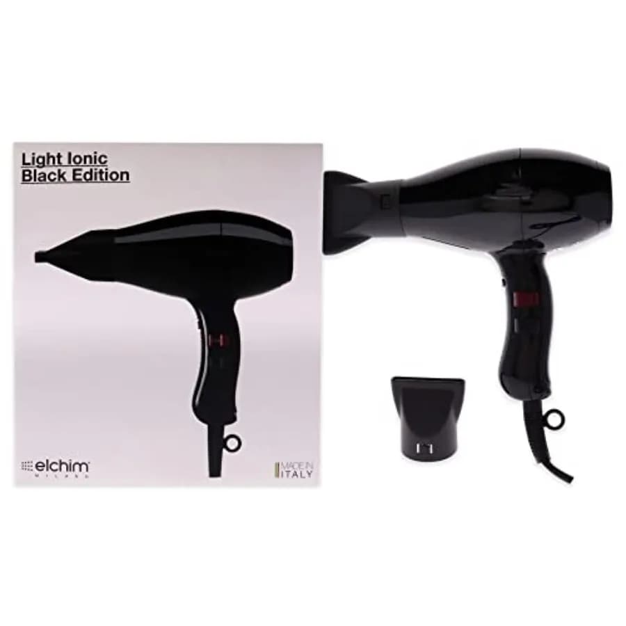 Professional hair dryer for use in salon, light ion ceramic material, black color, quick drying with 2 concentrators included