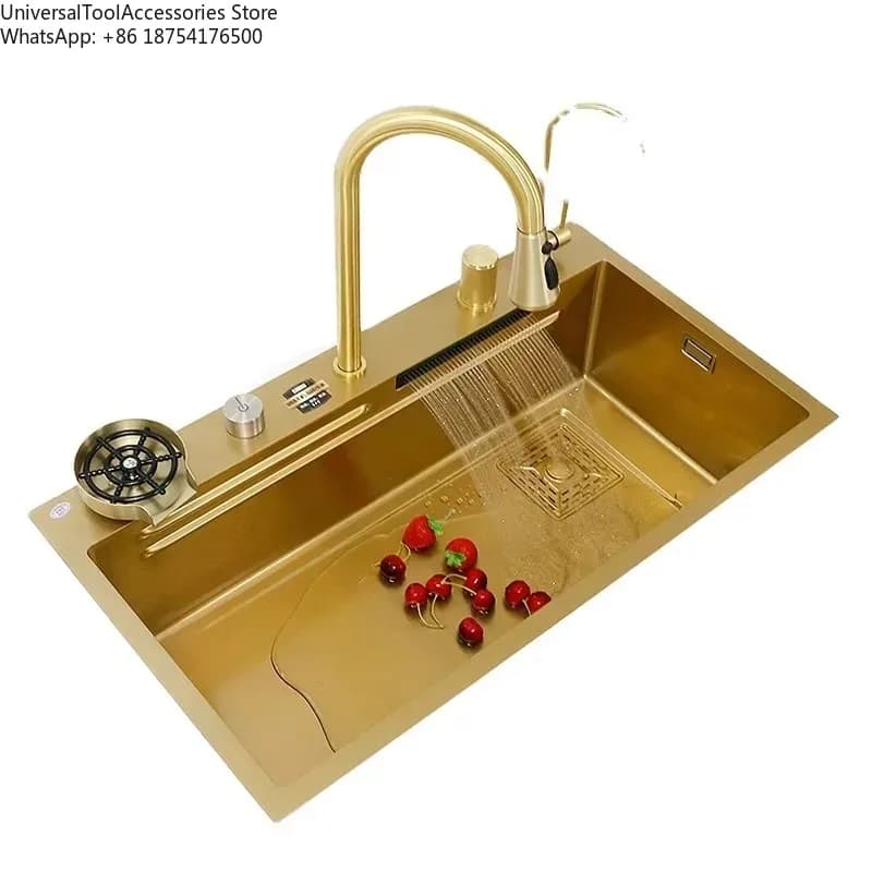 Rubinetto a Cascata per Lavello da Cucina in Acciaio Inox Dorato, Lavello Multifunzionale con Portacoltelli, Lavabo da Cucina
