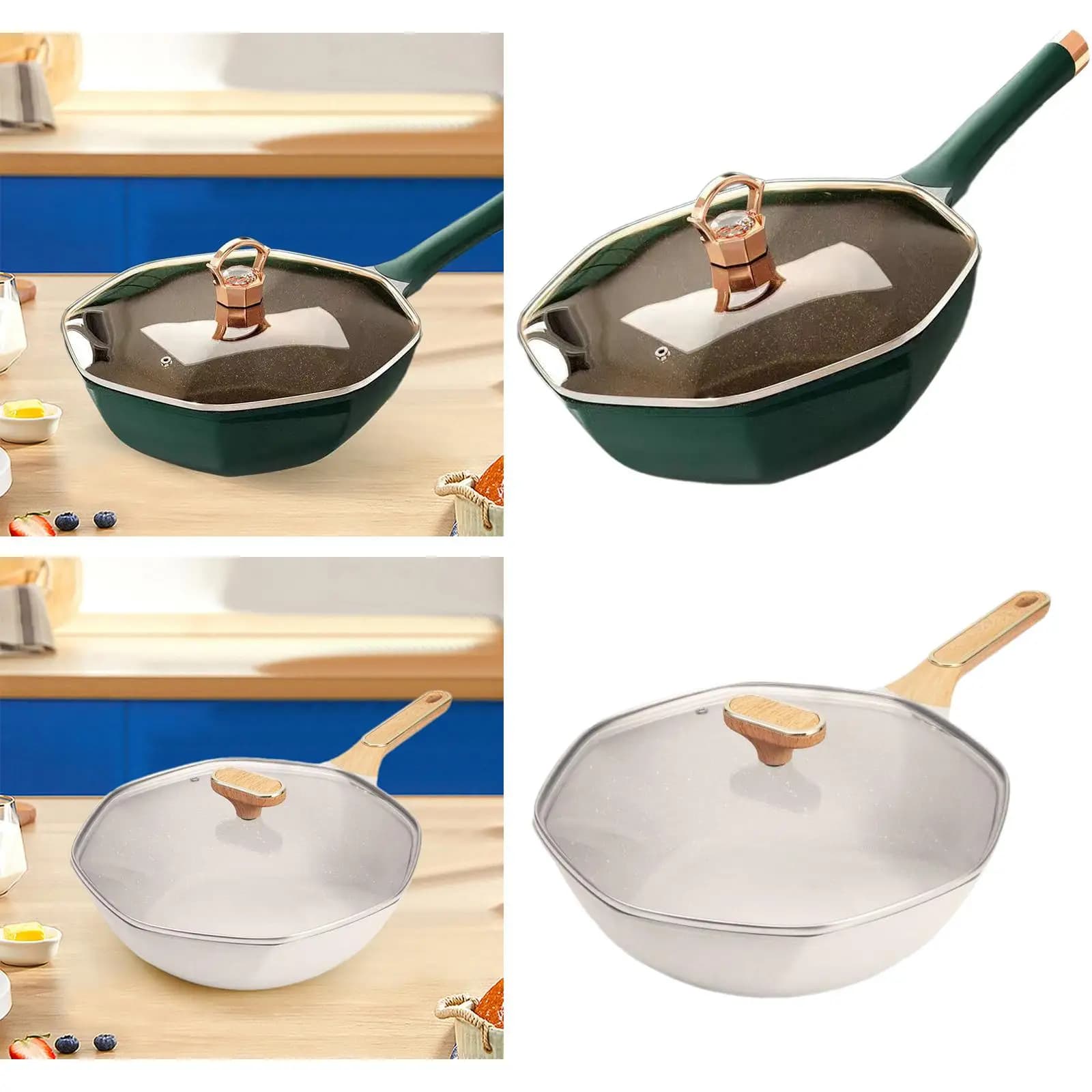 Woks octagonal pan Practical kitchen utensils with lid Kitchen pot Nonstick pan for outdoor picnic Meat steaks at home