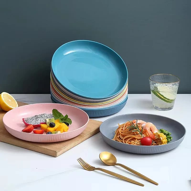 Crop straw dishes with striped design, round, durable, light, for home, kitchen, parties, picnic, fruit, snack, bone tray.