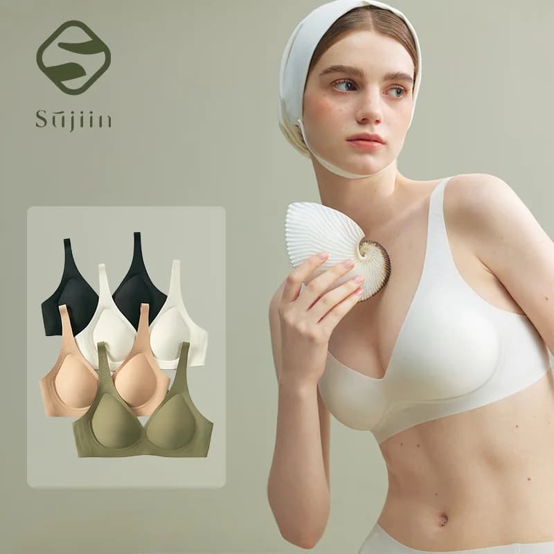 SUJIIN Reggiseni push up senza fili senza cuciture per le donne Reggiseni basic anti-cedimento sottili imbottiti con scollo a V profondo liscio Bralettes femminili MX074H