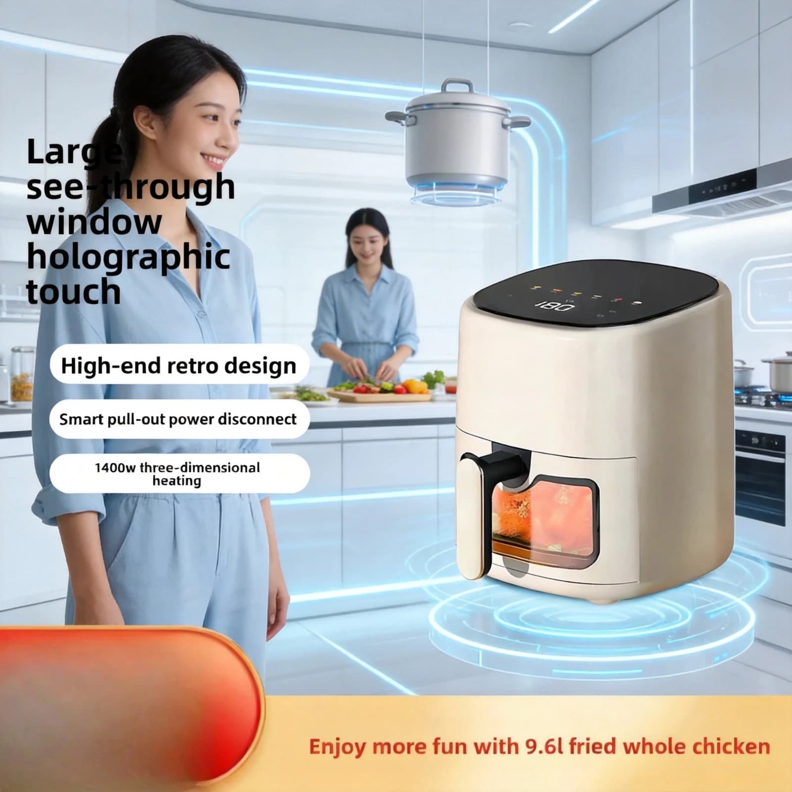 Friggitrice ad Aria con Finestra Trasparente, Senza Bisogno di Girare, Forno Elettrico Multifunzione Completamente Automatico Senza Olio per Uso Domestico