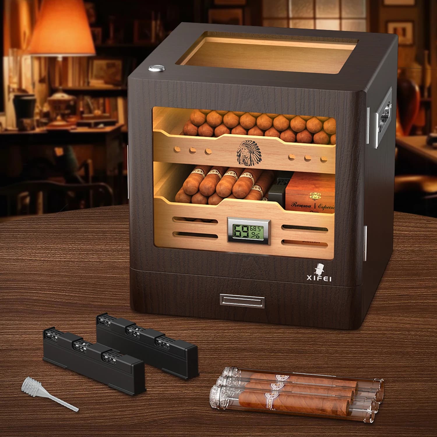 Humidor per Sigari, Illuminazione LED, Igrometro Digitale, 2 Umidificatori, Porta Sigari, da Tavolo, in Legno di Cedro, con Cassetto per fino a 100 Sigari