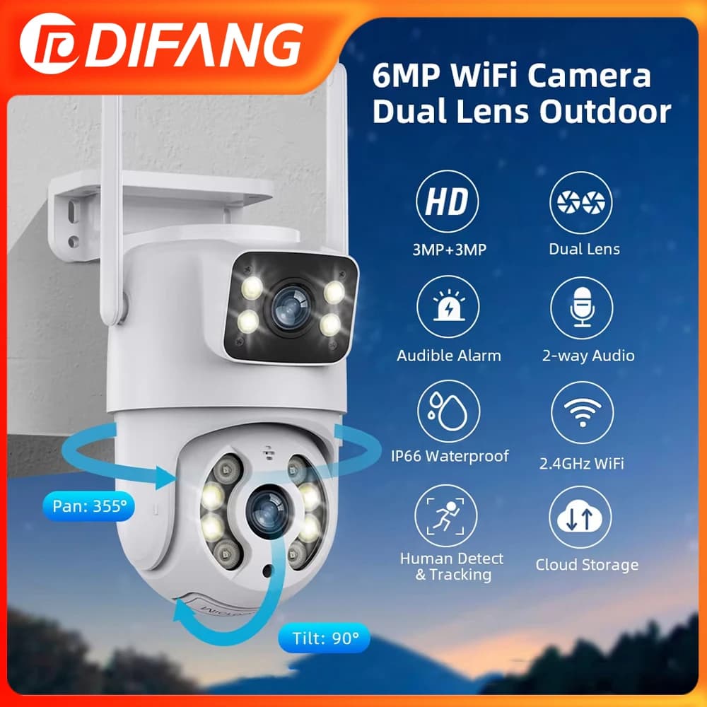 ICSee 2 Lens Outdoor 6MP WiFi Security Camera 2 Screens Auto Tracking Full Color Night Vision PTZ Rotating Waterproof Alarm CCTV