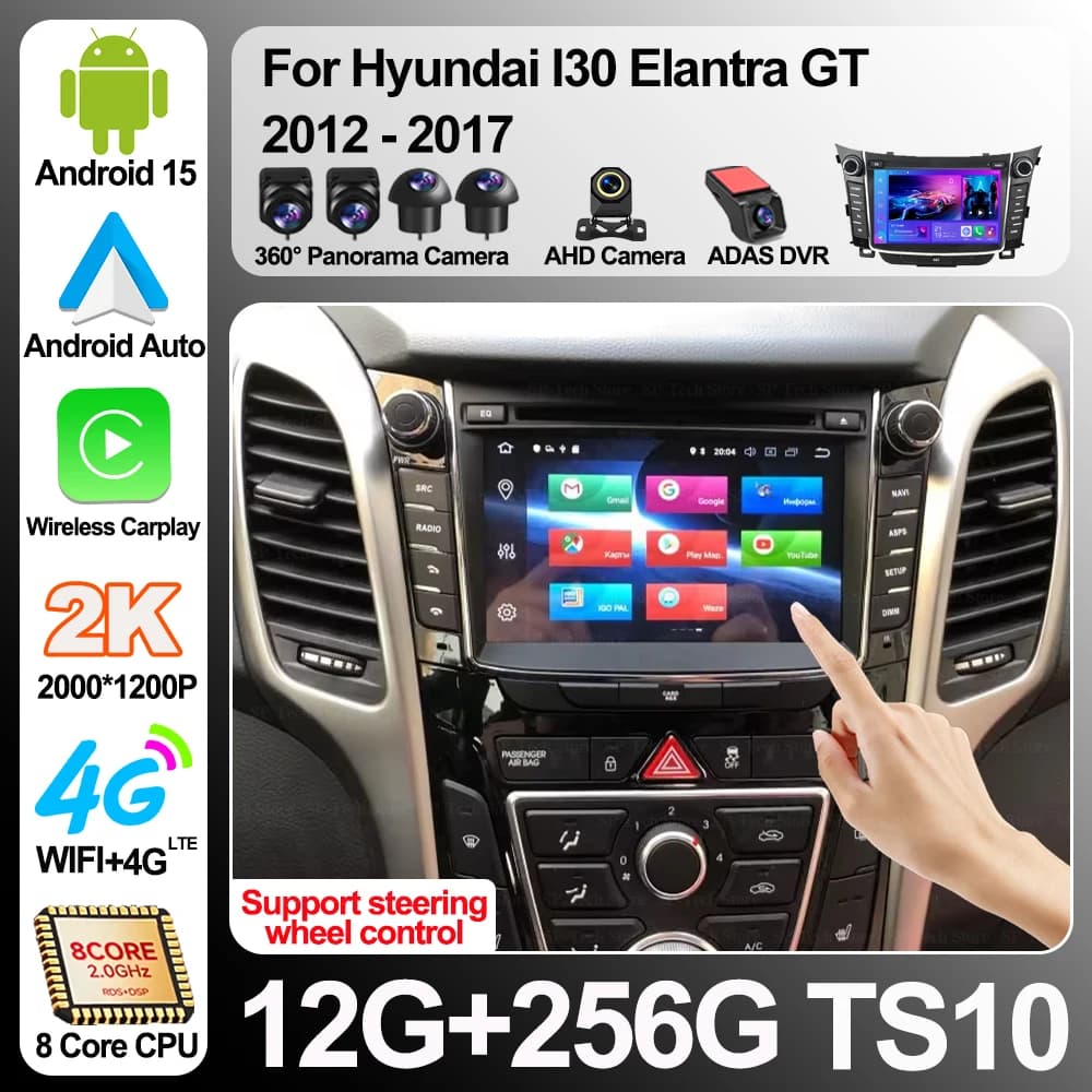 Autoradio Android 16 per Hyundai I30 Elantra Gt 2012-2017 Lettore video multimediale Navigazione GPS Touch Screen Carplay Auto 5g